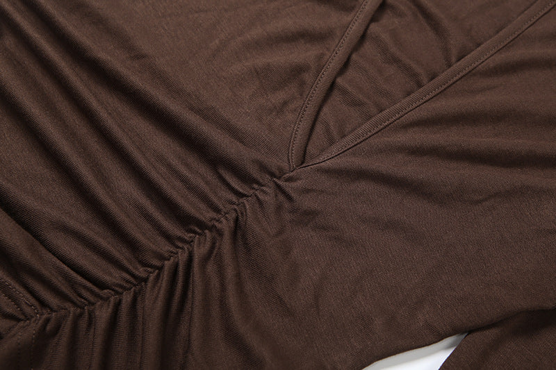 Chic Fall Mock Neck Cutout Ruched Long Sleeve Top - Chocolate Brown