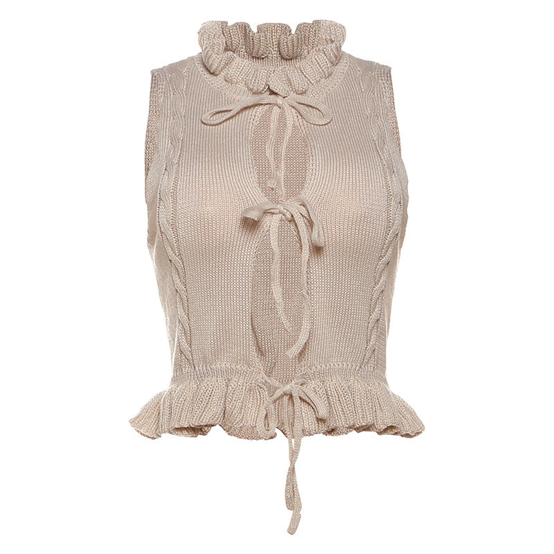 Cozy Chic Ruffle Tie-Front Knit Sweater Vest - Autumn Layering Top for Women