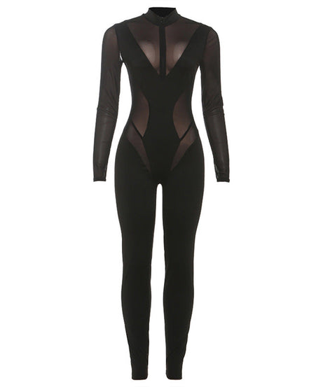 Fierce Black Mesh Panel Jumpsuit: High Neck Bodycon for Halloween & Fall Nights Out
