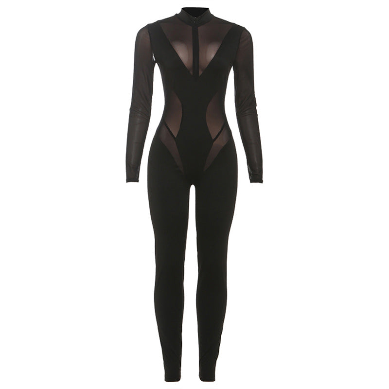 Fierce Black Mesh Panel Jumpsuit: High Neck Bodycon for Halloween & Fall Nights Out