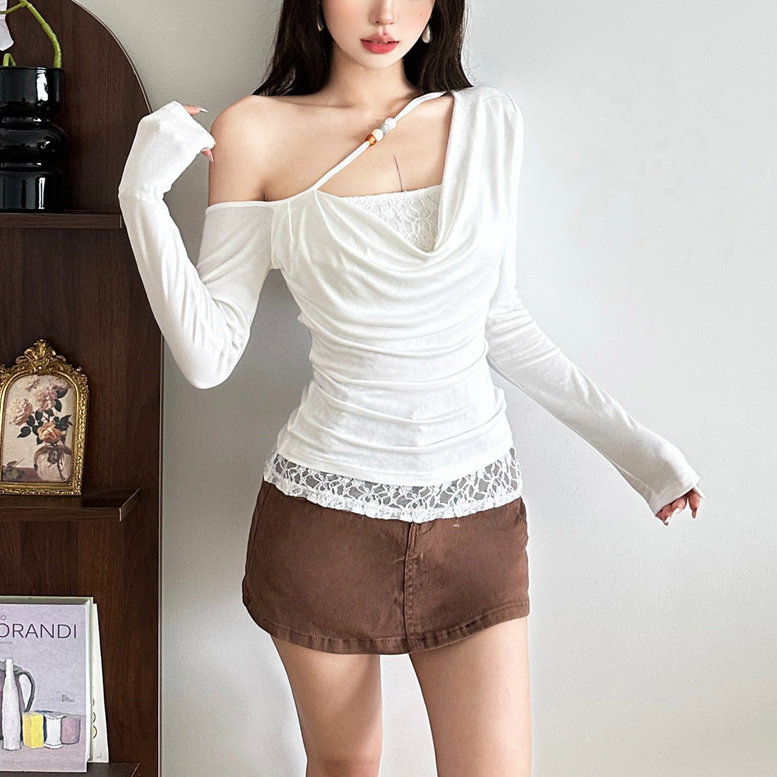 Elevated One-Shoulder Cowl Neck Long Sleeve Top with Beaded Strap & Lace Hem – Your Fall Going-Out Essential