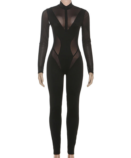 Fierce Black Mesh Panel Jumpsuit: High Neck Bodycon for Halloween & Fall Nights Out