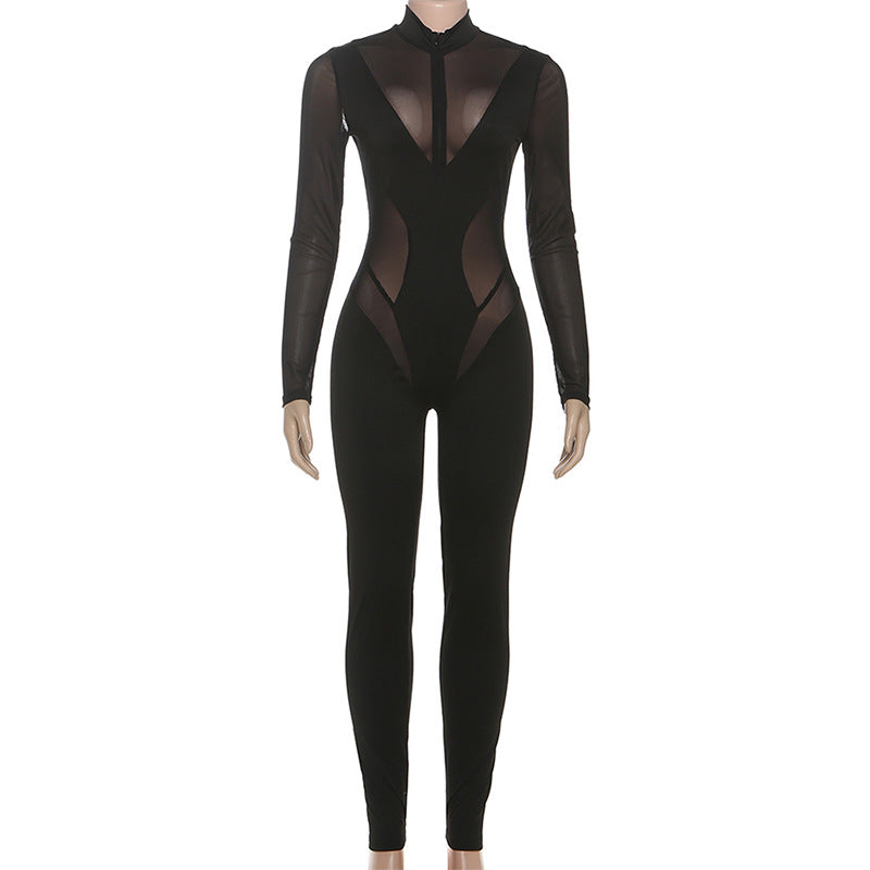 Fierce Black Mesh Panel Jumpsuit: High Neck Bodycon for Halloween & Fall Nights Out