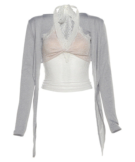 Effortless Fall Style: Chic Lace Halter & Tie-Front Shrug 2-Piece Top