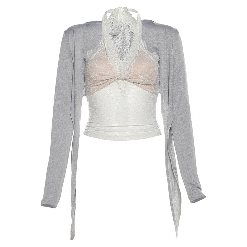 Effortless Fall Style: Chic Lace Halter & Tie-Front Shrug 2-Piece Top