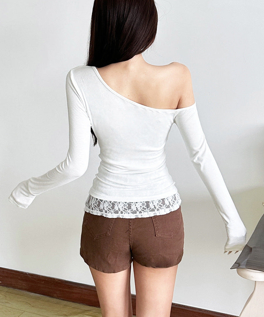 Elevated One-Shoulder Cowl Neck Long Sleeve Top with Beaded Strap & Lace Hem – Your Fall Going-Out Essential