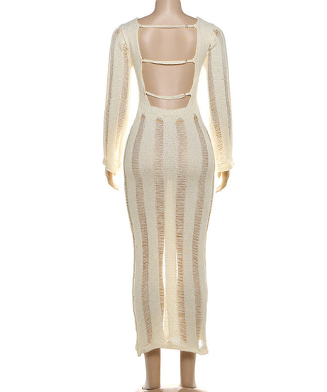 Sleek & Chic Fall Nights: Women's Backless Knit Hollow Out Maxi Dress