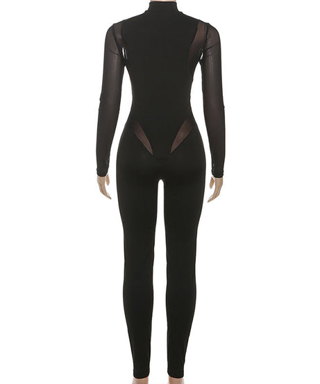 Fierce Black Mesh Panel Jumpsuit: High Neck Bodycon for Halloween & Fall Nights Out
