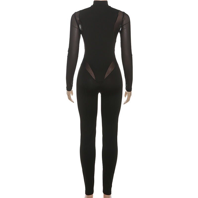 Fierce Black Mesh Panel Jumpsuit: High Neck Bodycon for Halloween & Fall Nights Out
