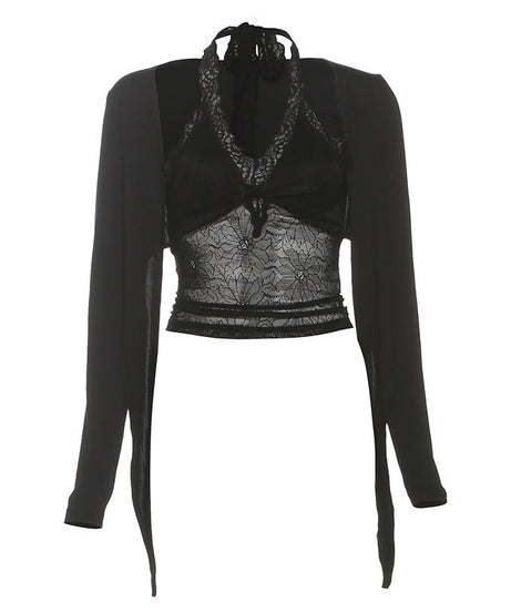 Effortless Fall Style: Chic Lace Halter & Tie-Front Shrug 2-Piece Top