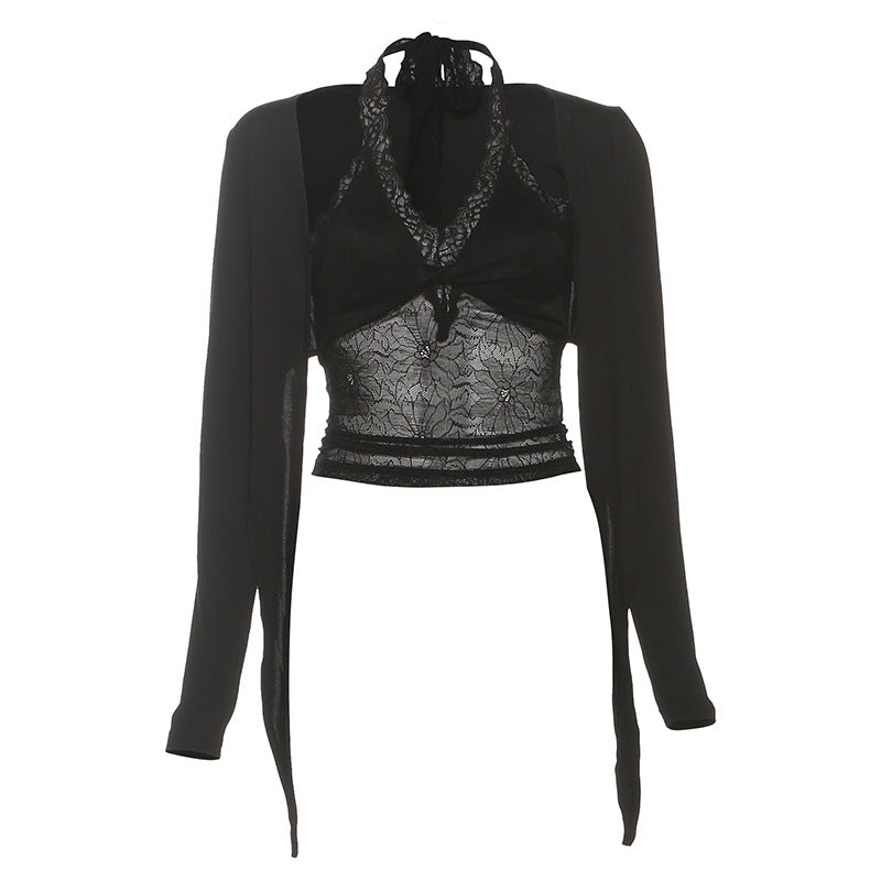 Effortless Fall Style: Chic Lace Halter & Tie-Front Shrug 2-Piece Top