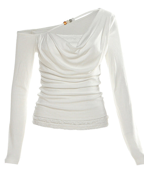 Elevated One-Shoulder Cowl Neck Long Sleeve Top with Beaded Strap & Lace Hem – Your Fall Going-Out Essential