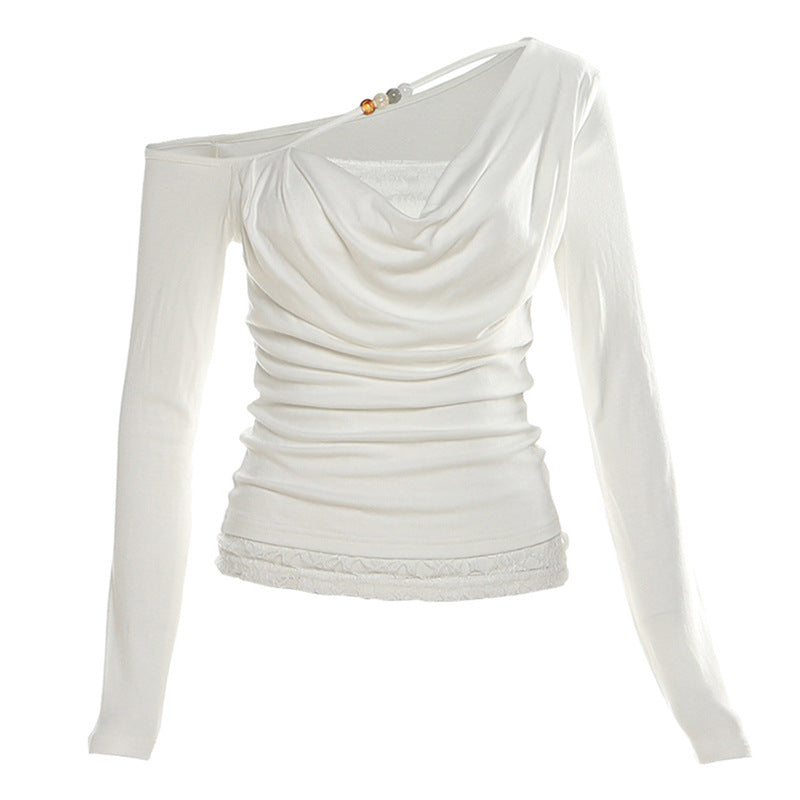 Elevated One-Shoulder Cowl Neck Long Sleeve Top with Beaded Strap & Lace Hem – Your Fall Going-Out Essential