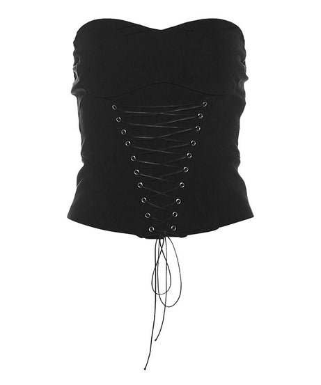 Fall Glam: Black Sweetheart Lace-Up Corset Top - Trendy Strapless Bustier for Nights Out