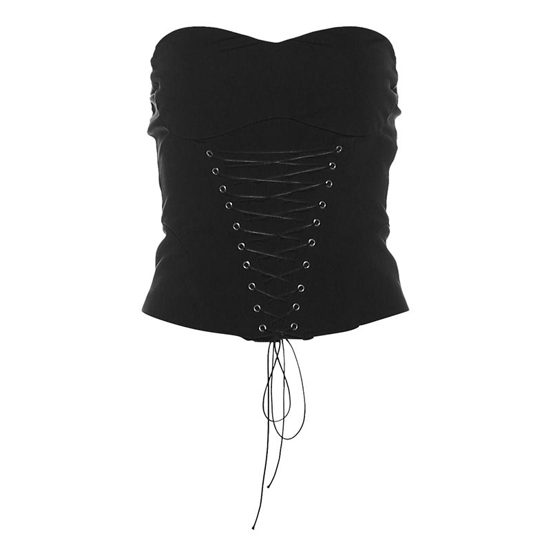 Fall Glam: Black Sweetheart Lace-Up Corset Top - Trendy Strapless Bustier for Nights Out
