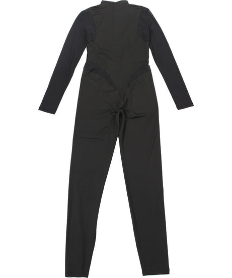 Fierce Black Mesh Panel Jumpsuit: High Neck Bodycon for Halloween & Fall Nights Out