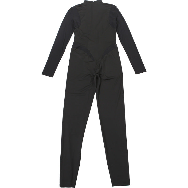 Fierce Black Mesh Panel Jumpsuit: High Neck Bodycon for Halloween & Fall Nights Out