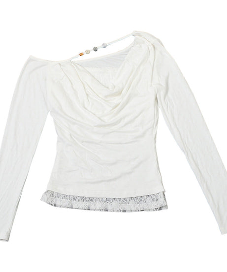 Elevated One-Shoulder Cowl Neck Long Sleeve Top with Beaded Strap & Lace Hem – Your Fall Going-Out Essential