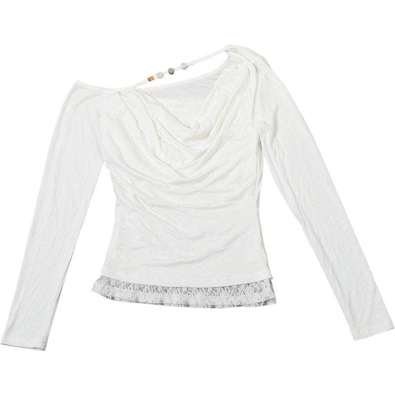 Elevated One-Shoulder Cowl Neck Long Sleeve Top with Beaded Strap & Lace Hem – Your Fall Going-Out Essential