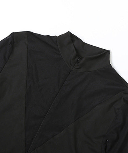 Fierce Black Mesh Panel Jumpsuit: High Neck Bodycon for Halloween & Fall Nights Out