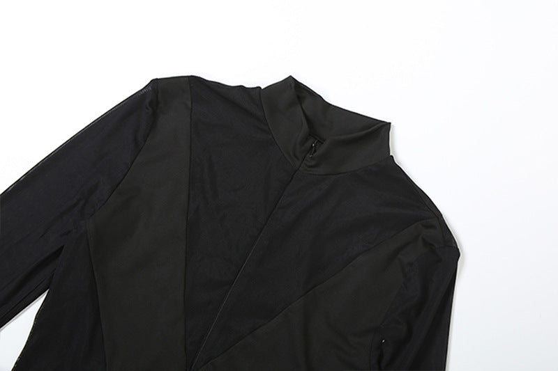 Fierce Black Mesh Panel Jumpsuit: High Neck Bodycon for Halloween & Fall Nights Out