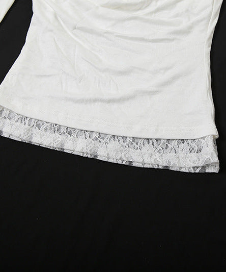 Elevated One-Shoulder Cowl Neck Long Sleeve Top with Beaded Strap & Lace Hem – Your Fall Going-Out Essential