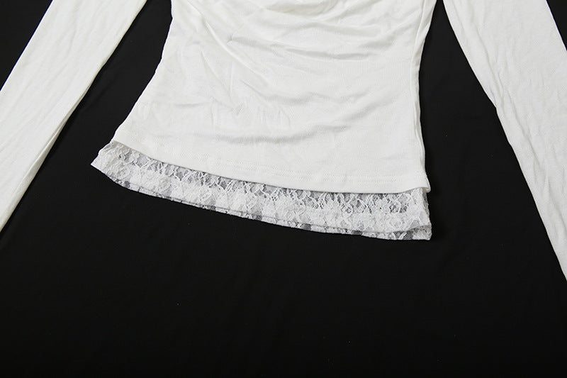 Elevated One-Shoulder Cowl Neck Long Sleeve Top with Beaded Strap & Lace Hem – Your Fall Going-Out Essential