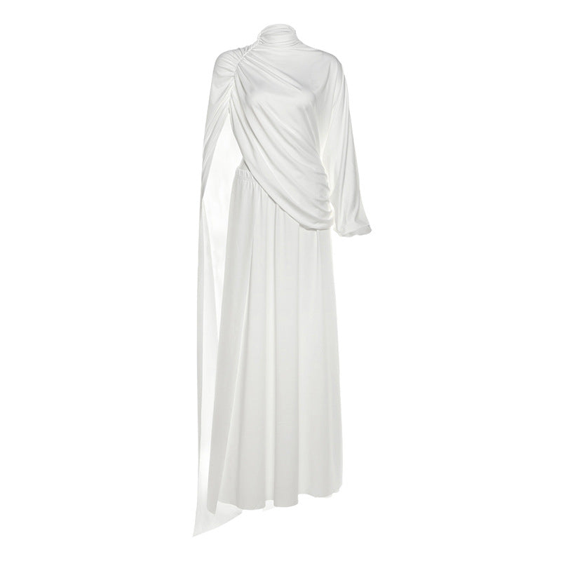 Ethereal Elegance: White Draped High Neck Maxi Skirt Set - Perfect for Fall Galas & Holiday Soirées
