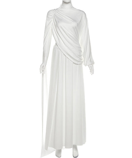 Ethereal Elegance: White Draped High Neck Maxi Skirt Set - Perfect for Fall Galas & Holiday Soirées