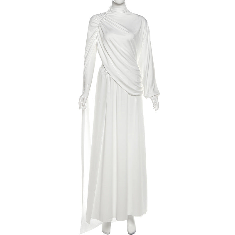 Ethereal Elegance: White Draped High Neck Maxi Skirt Set - Perfect for Fall Galas & Holiday Soirées