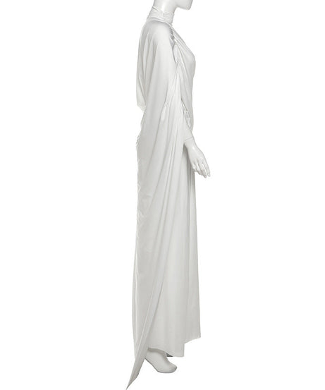Ethereal Elegance: White Draped High Neck Maxi Skirt Set - Perfect for Fall Galas & Holiday Soirées