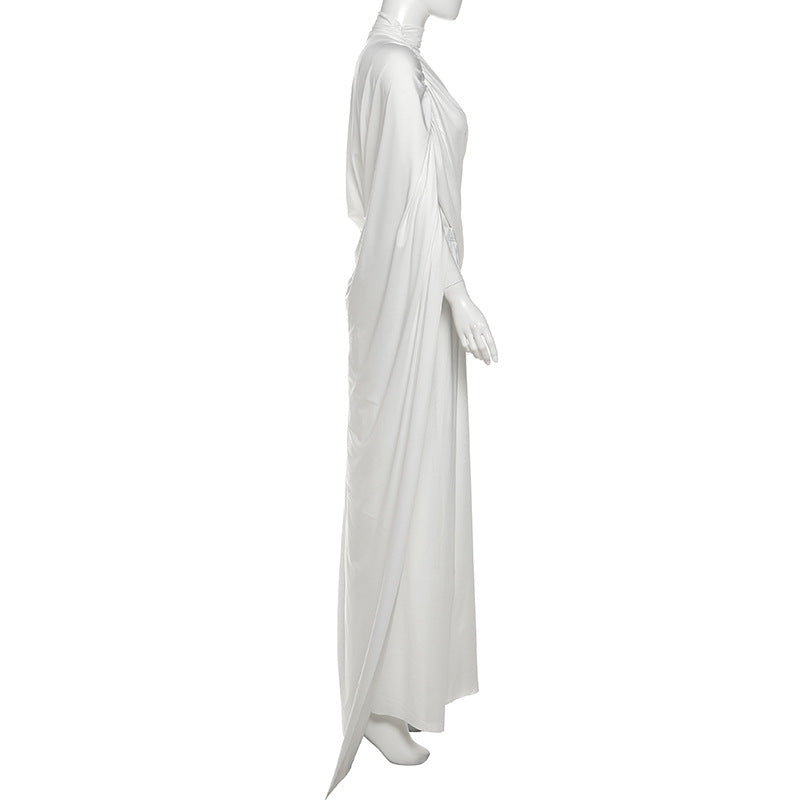 Ethereal Elegance: White Draped High Neck Maxi Skirt Set - Perfect for Fall Galas & Holiday Soirées