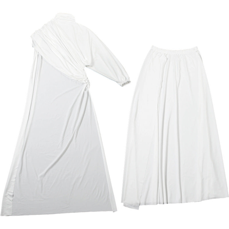 Ethereal Elegance: White Draped High Neck Maxi Skirt Set - Perfect for Fall Galas & Holiday Soirées