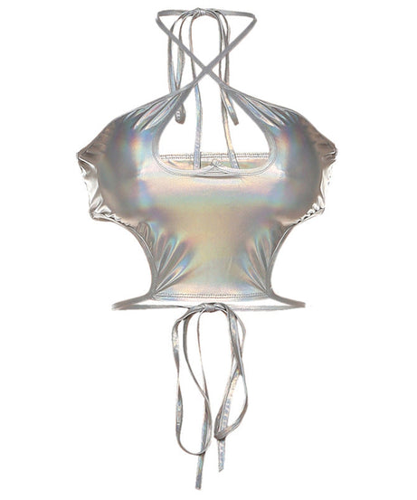 Shimmering Silver Holographic Halter Crop Top | Y2K Rave, Festival & Halloween Party Ready