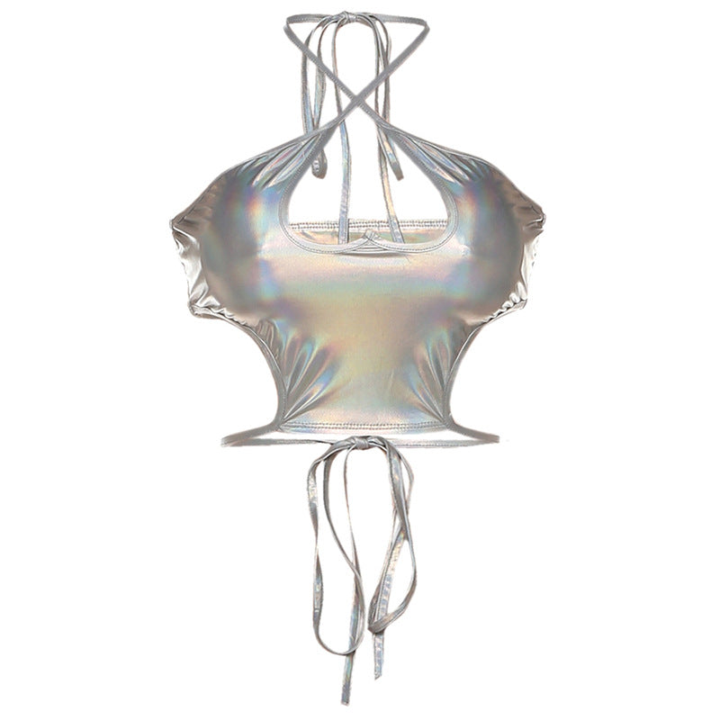 Shimmering Silver Holographic Halter Crop Top | Y2K Rave, Festival & Halloween Party Ready