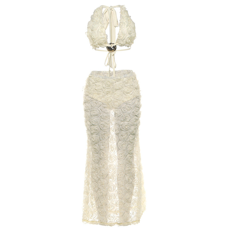 Stunning 3D Floral Halter Crop Top & Sheer Maxi Skirt Set | Holiday & Resort Wear