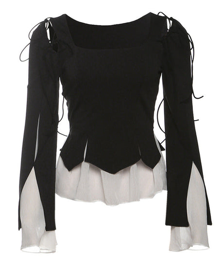 Enchanting Gothic Peplum Ruffle Blouse - Witchy Square Neck Tie-Sleeve Top for Fall & Halloween