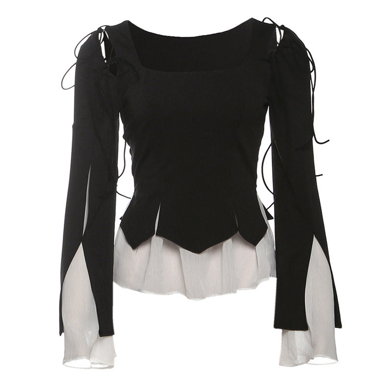 Enchanting Gothic Peplum Ruffle Blouse - Witchy Square Neck Tie-Sleeve Top for Fall & Halloween