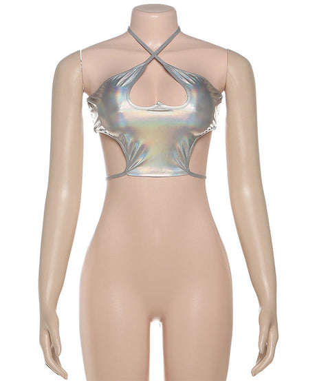 Shimmering Silver Holographic Halter Crop Top | Y2K Rave, Festival & Halloween Party Ready