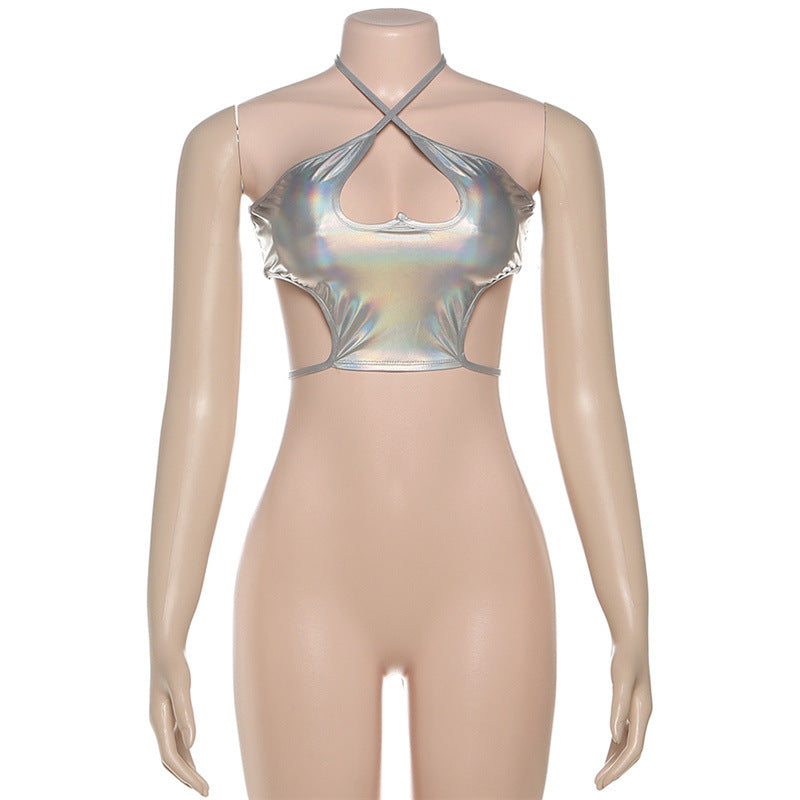 Shimmering Silver Holographic Halter Crop Top | Y2K Rave, Festival & Halloween Party Ready