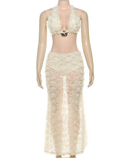 Stunning 3D Floral Halter Crop Top & Sheer Maxi Skirt Set | Holiday & Resort Wear