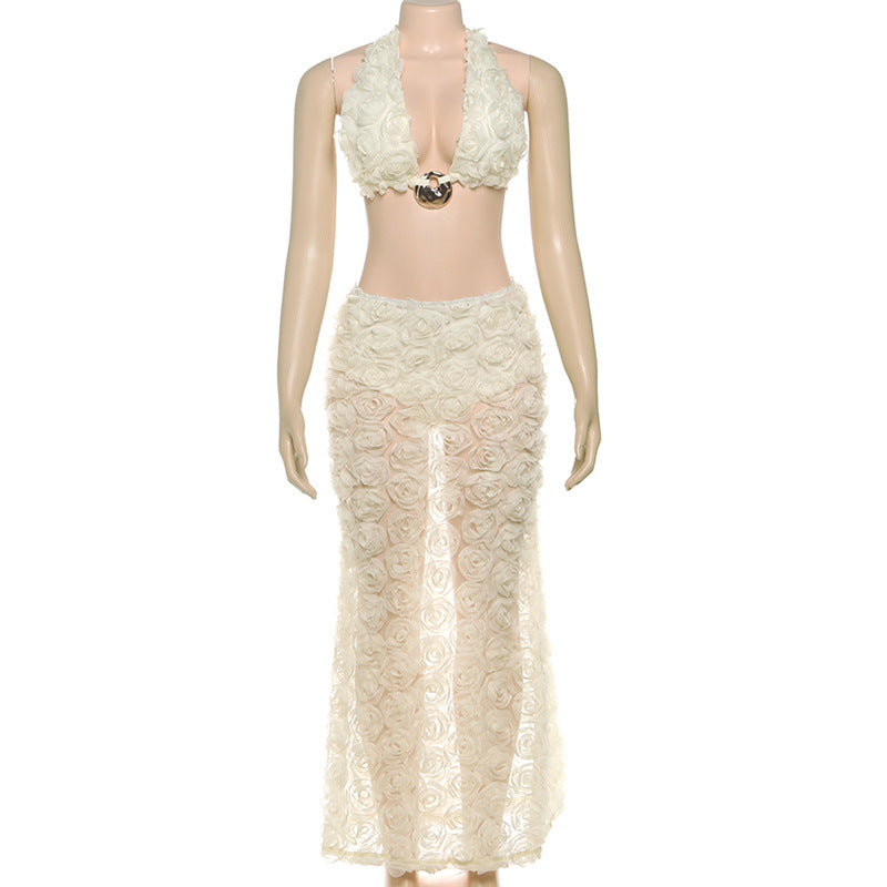 Stunning 3D Floral Halter Crop Top & Sheer Maxi Skirt Set | Holiday & Resort Wear