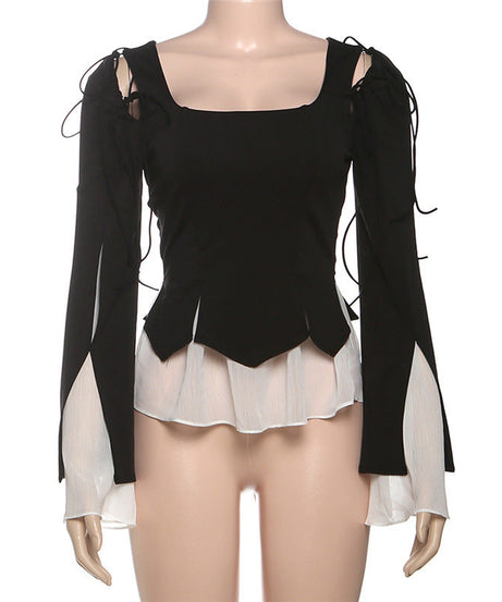 Enchanting Gothic Peplum Ruffle Blouse - Witchy Square Neck Tie-Sleeve Top for Fall & Halloween
