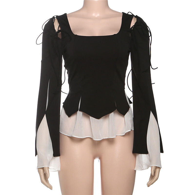 Enchanting Gothic Peplum Ruffle Blouse - Witchy Square Neck Tie-Sleeve Top for Fall & Halloween