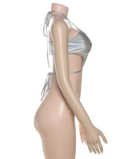 Shimmering Silver Holographic Halter Crop Top | Y2K Rave, Festival & Halloween Party Ready