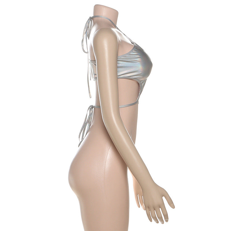 Shimmering Silver Holographic Halter Crop Top | Y2K Rave, Festival & Halloween Party Ready