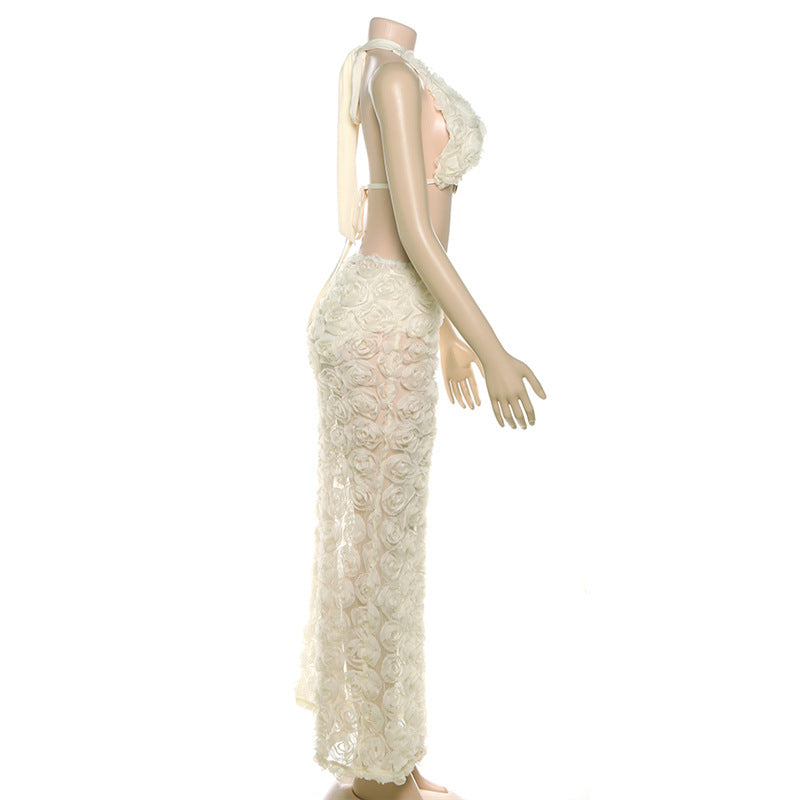 Stunning 3D Floral Halter Crop Top & Sheer Maxi Skirt Set | Holiday & Resort Wear