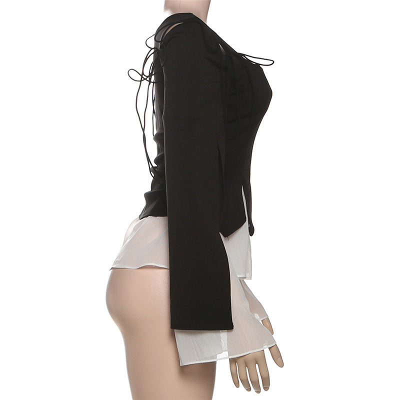 Enchanting Gothic Peplum Ruffle Blouse - Witchy Square Neck Tie-Sleeve Top for Fall & Halloween