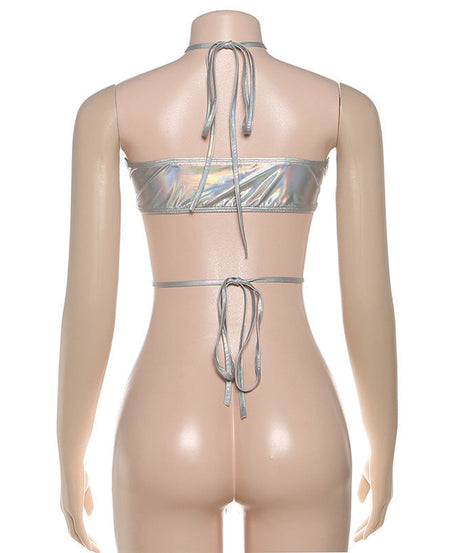 Shimmering Silver Holographic Halter Crop Top | Y2K Rave, Festival & Halloween Party Ready