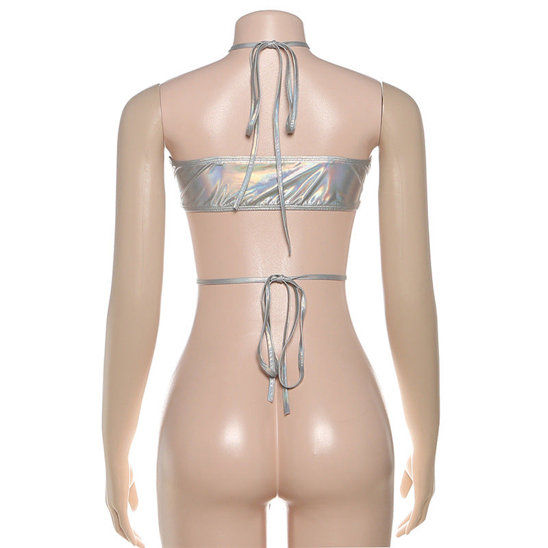 Shimmering Silver Holographic Halter Crop Top | Y2K Rave, Festival & Halloween Party Ready